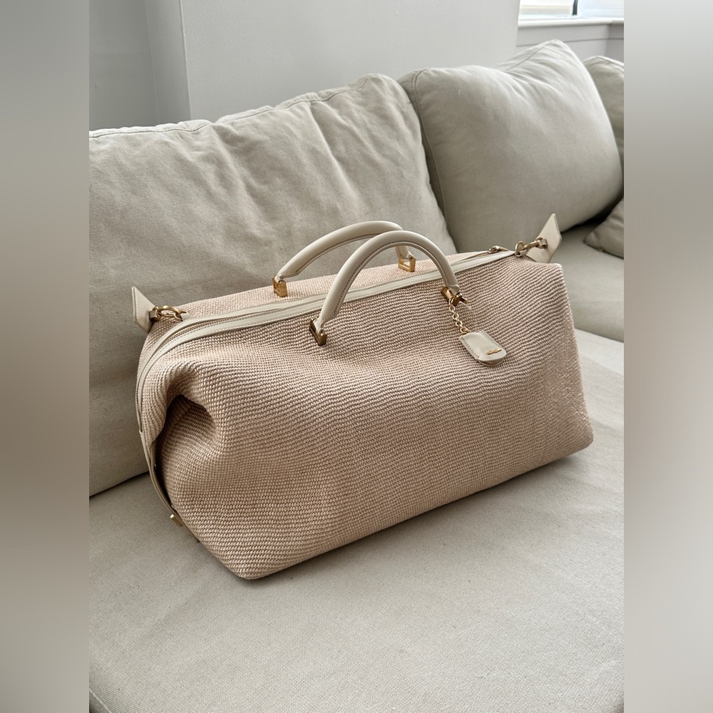 cult gaia Beige Woven Travel Bag with Cream Trim